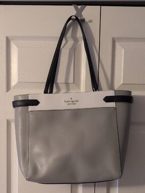 kate spade Gray, White & Black Leather Tote Bag